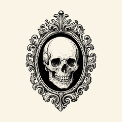 Human Skull Baroque Ornate Frame Vintage Engraving Illustration