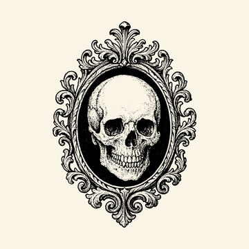Human Skull Baroque Ornate Frame Vintage Engraving Illustration