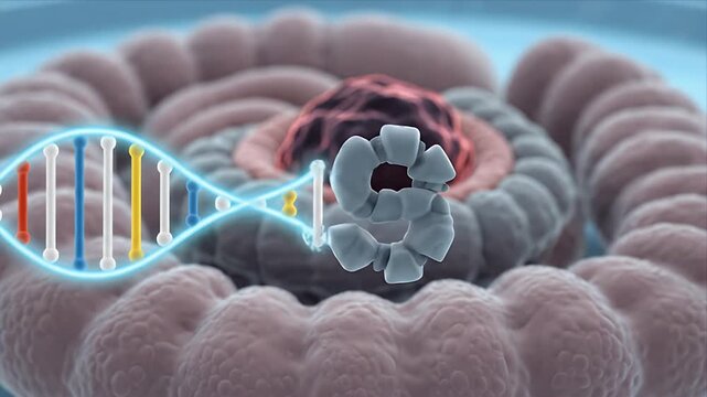Medical 3D Animation Depicting DNA Strand Interacting with Cellular Structures and Molecules for Scientific Research and Health Awareness