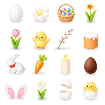 Easter icon collection. Eggs, bunny, chick, flowers and basket. Cute 3D vector illustration set isolated on white background