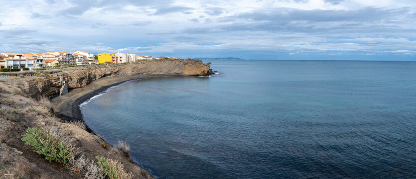 Panoramic view of Plage de la Conque bay and cliffs, Cap d'Agde