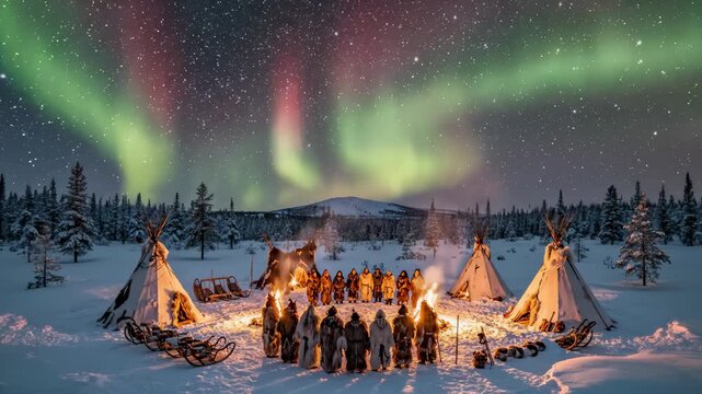 Indigenous People Gather Around Campfire Under Aurora Borealis Sky