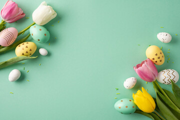Happy Easter concept with decorated eggs and colorful tulip flowers arranged on a mint pastel...