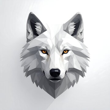 A geometric wolf head with white, gray, and black tones, and orange eyes