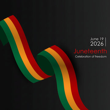 This vibrant graphic design features a flowing ribbon in Pan-African colors, commemorating Juneteenth 2026 as a powerful symbol of freedom and emancipation.