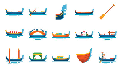 Collection of various gondolas and Venetian boats, showcasing different designs and activities on the water. © GJ