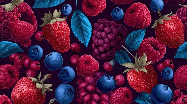 Seamless pattern of fresh strawberries, blueberries, raspberries, and blackberries with leaves on dark background