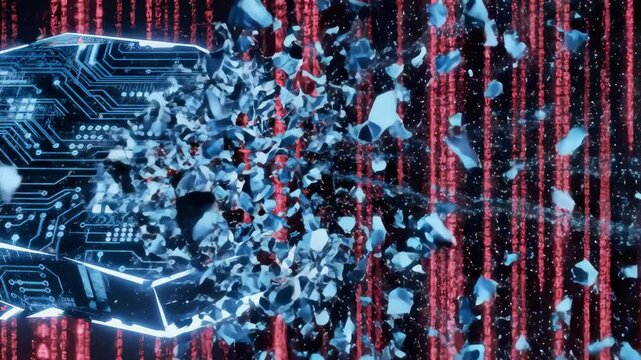 Abstract Circuit Board Exploding Into Digital Matrix Fragments
