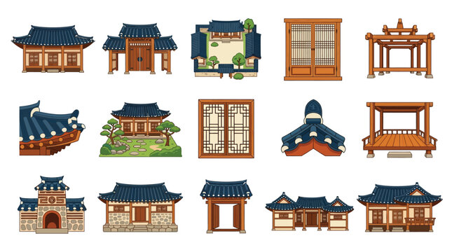 Collection of pixel art illustrations depicting traditional Korean architectural elements and buildings, including houses, gates, and pavilions.