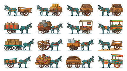 Collection of pixel art illustrations depicting donkeys pulling various types of carts laden with goods.