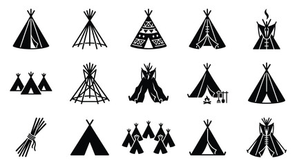 Collection of various tipi and wigwam dwelling illustrations, including bundles of wood and small groups of tents. © GJ