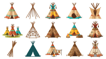 Collection of diverse Native American teepee designs, showcasing traditional and decorative elements, set against a white background. © GJ