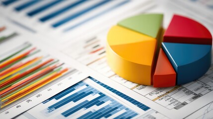 Colorful Pie Chart Over Financial Reports with Graphs and Charts Illustrating Business Analysis and Data Presentation for Professional Use