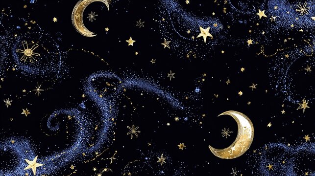 Seamless celestial moon and star pattern in a magical night sky