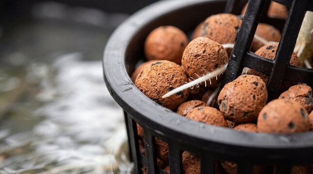 Clay pebbles with emerging roots in a mesh pot