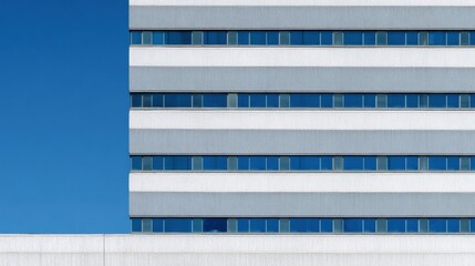 Fototapeta premium Modern office building facade featuring repetitive glass window patterns and grey concrete walls under a clear blue sky for real estate and urban development branding