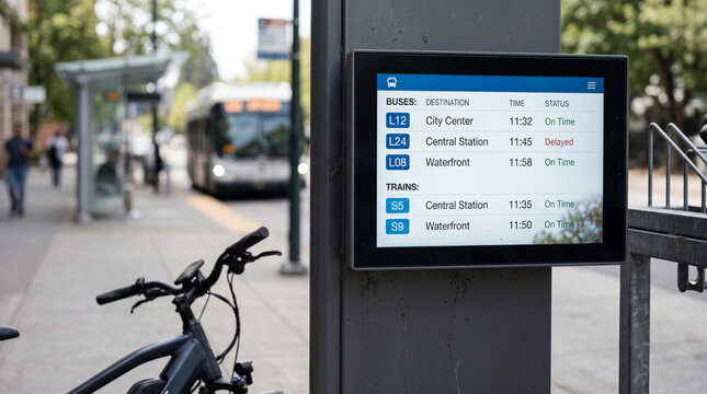 Digital interface showing transit time-tables for public transportation near a bike hub