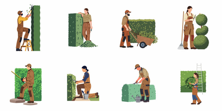 Professional gardeners trimming and shaping hedges, bushes, and topiary plants using various tools, flat vector illustration set isolated on white.
