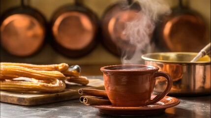churros. A clay cup of hot chocolate with churros, capturing the warmth of Spanish National Day. menu design, packaging mockups, designed for culinary blogs and recipe cards for restaurants.