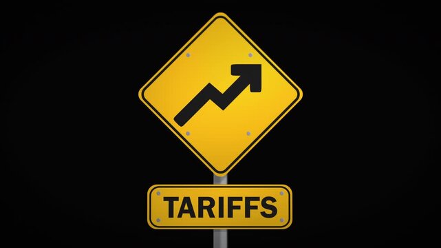 Wide view of stylized tariffs road sign with upward arrow icon representing growth in trade tariffs, political decisions and economic pressure shaping global supply chains and trade relations.