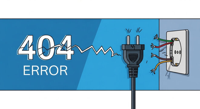 404 Error page design concept with broken electric plug and socket illustration.