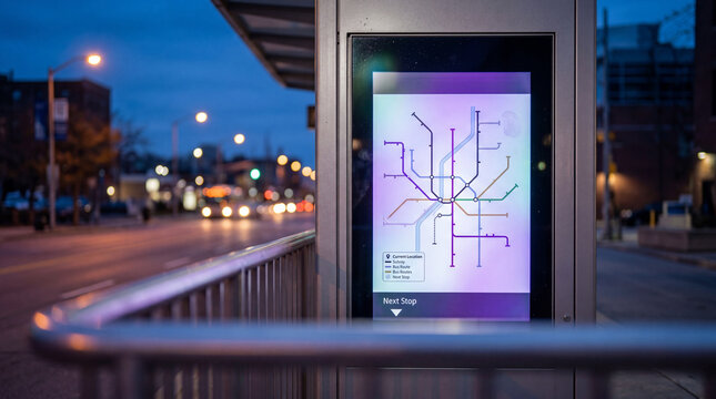 Digital display screen with transit map integrated into an urban charging hub structure