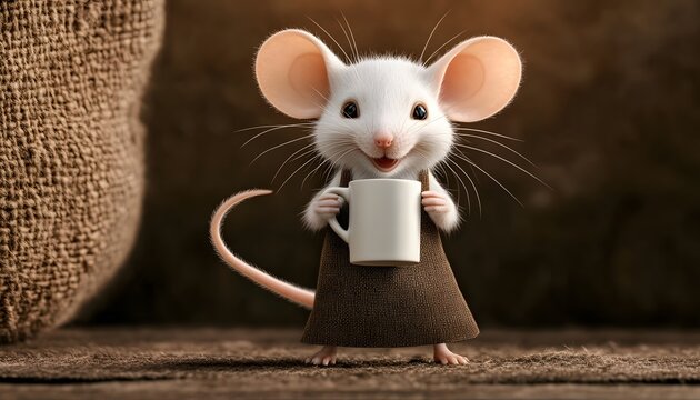 Smiling mouse with coffee mug on brown felt background.