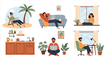 Fototapeta premium Diverse People Working Remotely from Home, Beach, and Cozy Interior Spaces