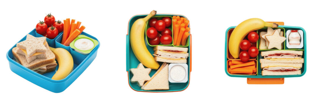 Healthy Kids Lunch Box Set with Turkey Sandwiches, Fresh Apple Slices, Strawberries, and Mixed Nuts in Colorful Bento Containers - Isolated on White
