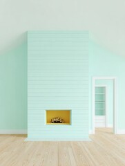 Naklejka premium Spacious Farmhouse Living Room with Mint Green Shiplap Wall and Modern Fireplace featuring Natural Hardwood Floors for Residential Real Estate Marketing