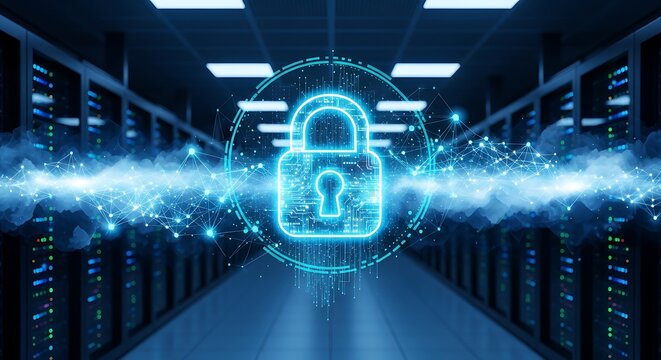 Digital security and data protection in a secure server room with a glowing padlock icon representing cybersecurity