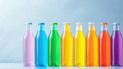Variation A variety of colorful soft drinks in bottles with different hues on display.