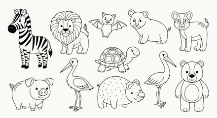 Fototapeta premium Animal line art coloring page illustrations for kids activities