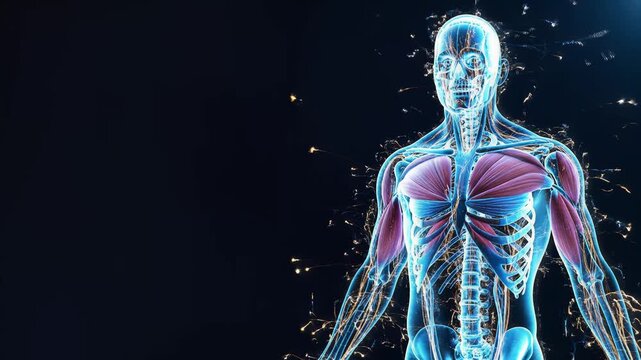 Human skeleton and nervous system glowing blue on dark background