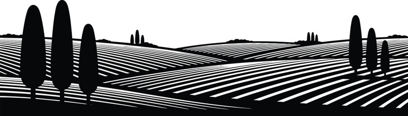 Tuscany landscape with rolling hills and cypress trees, vineyard farmland black silhouette scenery isolated on white, cad drawing flat vector illustration © Mst