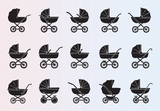 Collection of various baby strollers and carriages vector icons