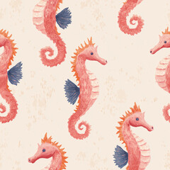 Fototapeta premium Seamless seahorse pattern with pink coral sea horses on a soft beige background, cute underwater repeating design in a playful hand drawn coastal illustration style