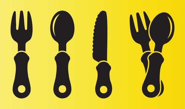 Colorful plastic cutlery set with fork spoon and knife illustration