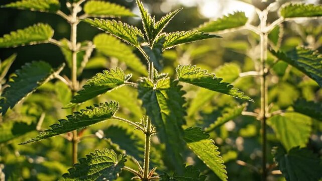 Close-up of stinging nettle plants in sunlight, green leaves with serrated edges, bokeh background.