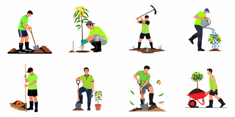 Set of flat vector illustrations featuring a male gardener planting trees, digging soil, watering plants, and using tools like shovels and wheelbarrows. © Muqodimatul