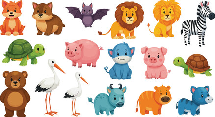 Naklejka premium 3D cartoon zoo animal characters vector graphic illustration set
