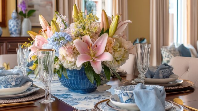 Beautifully arranged spring floral centerpiece with pink lilies, white hydrangeas, and blue accents on an elegant dining table setting