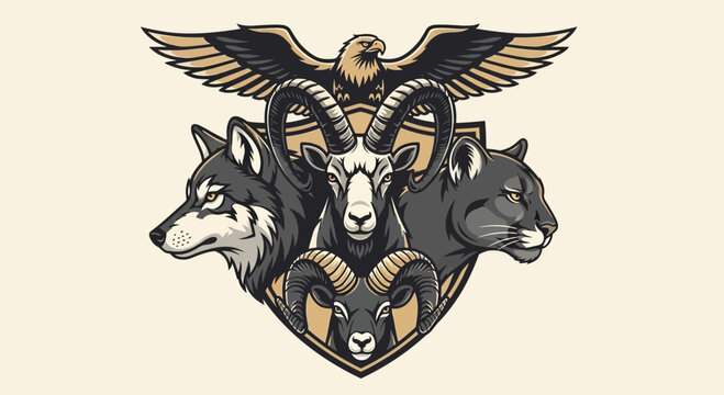 Heraldic animal crest emblem with eagle wolf and goat fantasy vector