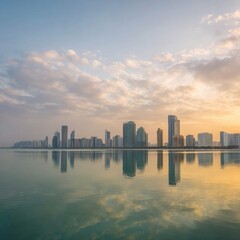 Obraz premium Modern City Skyline Reflecting in Still Waterfront at Sunrise for Commercial Real Estate Development and Urban Architecture Promo with Soft Pastel Sky and Copy Space
