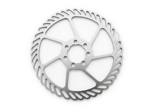 Close-up view of a silver-colored bicycle chainring with intricate tooth design. isolated on white background