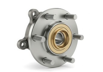 Close-up view of a wheel hub assembly with bearings and bolts isolated on white background
