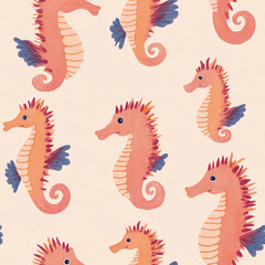 Seamless seahorse pattern with coral pink sea horses and blue leafy accents on a soft beige background, playful underwater repeating design in a charming hand painted style © Dionisia