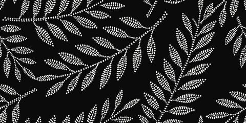 Stylized botanical illustration featuring delicate white leaves on black © Tapan