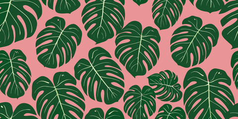 A repeating pattern of monstera leaves against a soft pink backdrop © Tapan