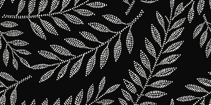Stylized botanical illustration featuring delicate white leaves on black